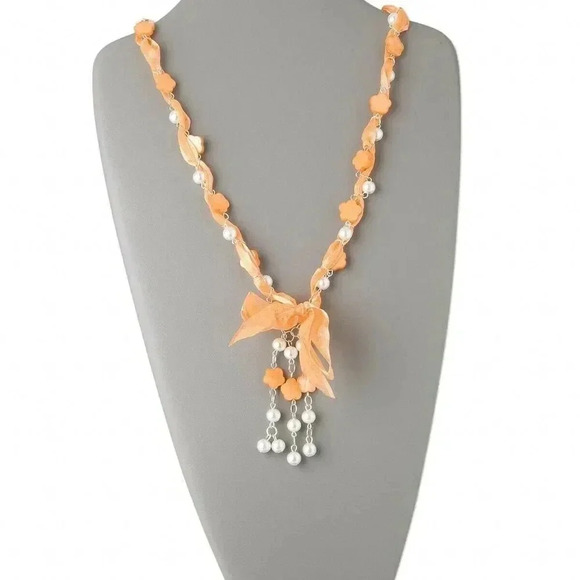 Orange and White Freshwater Pearl Shell Organza Ribbon Necklace - Picture 3 of 3